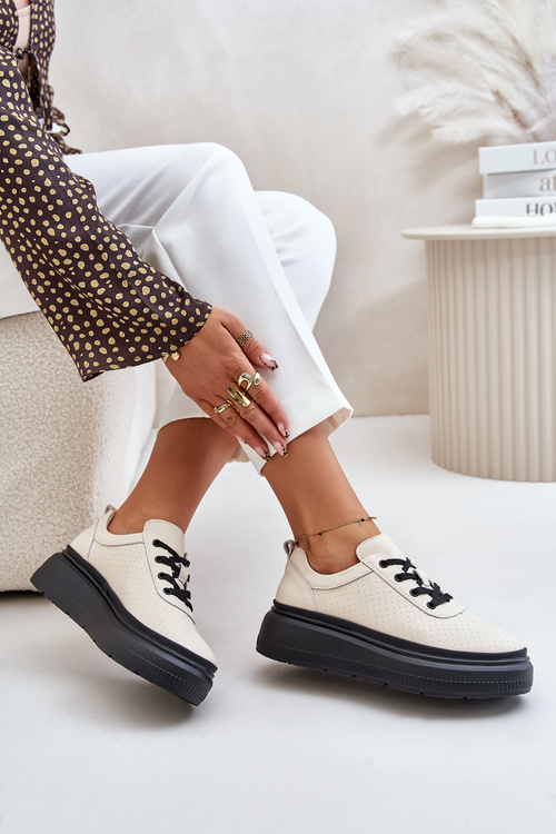 Buty Sportowe Damskie Na Platformie Skóra Naturalna Beżowe 41470 Vinceza