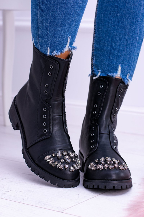 Lu Boo | Czarne Damskie Botki Za Kostkę z Cyrkoniami Carrie