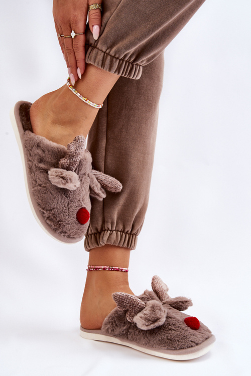 Damskie Papcie Z Futerkiem I Reniferem Szare Sopya