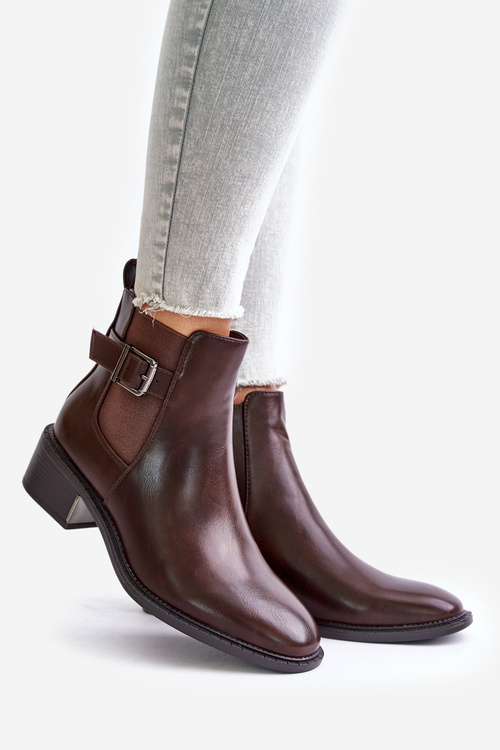 Botki Sztyblety Damskie Na Niskim Obcasie Ze Złotą Klamrą Brązowe Vomera