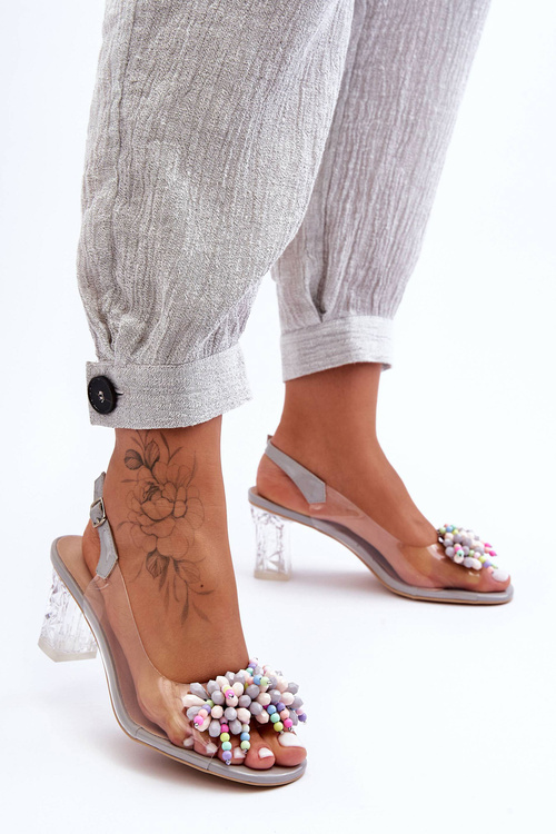 Zdobione Modne Sandały Na Słupku Szare S.Barski MR1037-23