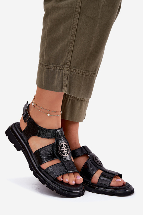 Skórzane Sandały Damskie Lakierowane Z Ozdobnym Detalem Artiker 56C0691 Czarne