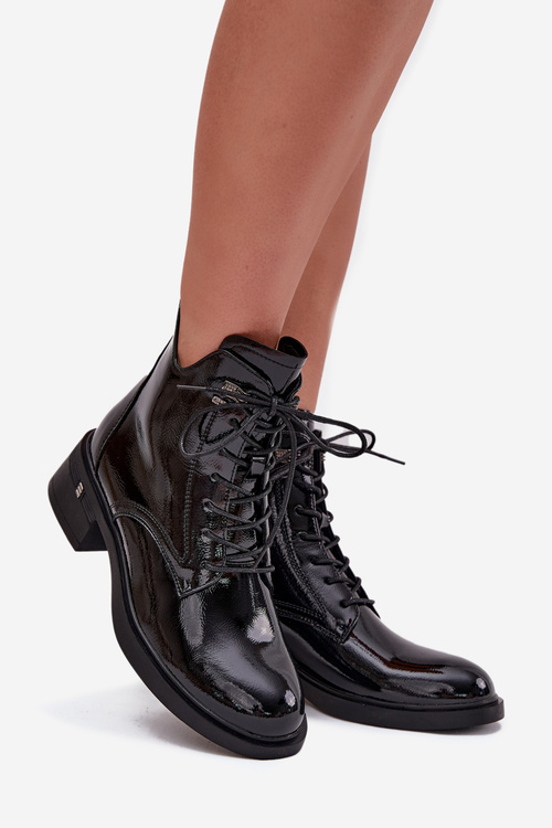 Lakierowane Ocieplane Botki Damskie Na Klocku Vinceza 58602 Czarne