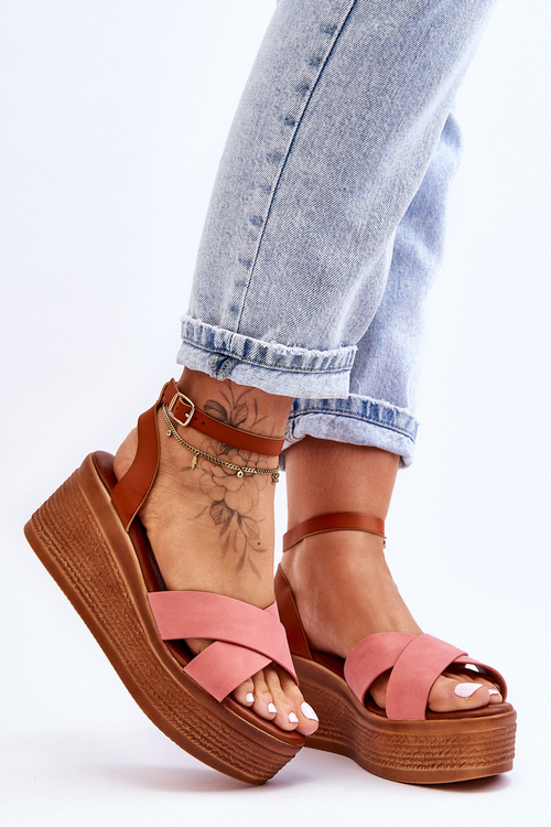 Damskie Wygodne Sandały Na Koturnie Brązowo-Różowe Laurie