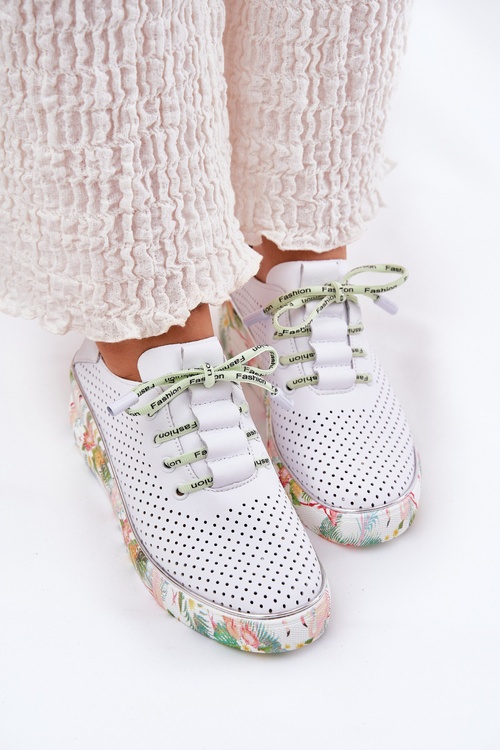 Skórzane Półbuty Na Koturnie Ze Wzorem Artiker 54C1807 Biało-Zielone