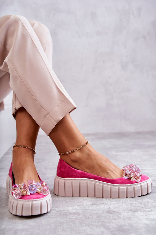 Zamszowe Baleriny Na Platformie Z Ozdobą Fuksja Ladette