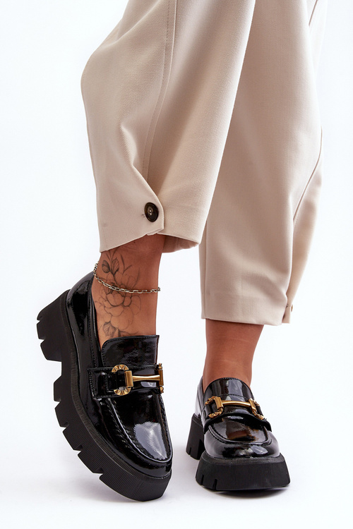 Damskie Lakierowane Półbuty Loafery Z Ozdobą Czarne Peuria