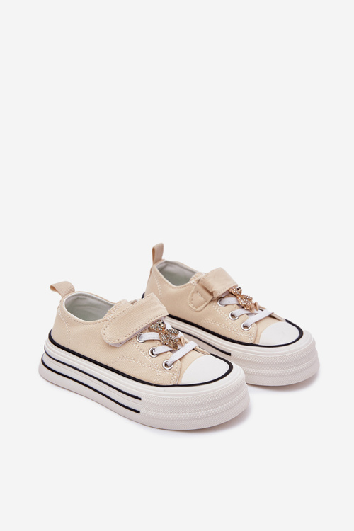 Dziewczęce Trampki Ze Złotą Przypinką Miś Beżowe Solena