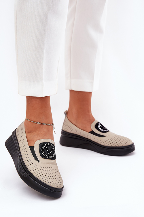 Mokasyny Damskie Skórzane Na Platformie I Koturnie Vinceza 79522 Beżowe