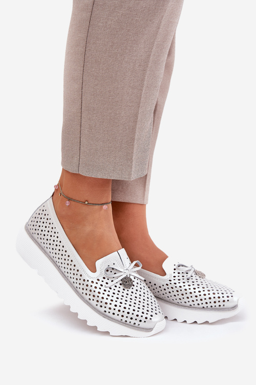 Skórzane Ażurowe Półbuty Damskie Z Naturalnej Skóry D&A LR51-631 Srebrne