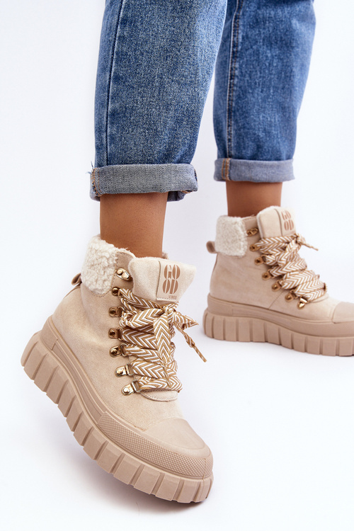 Ocieplane Botki Trapery Na Grubej Podeszwie Jasnobeżowe Ralotta