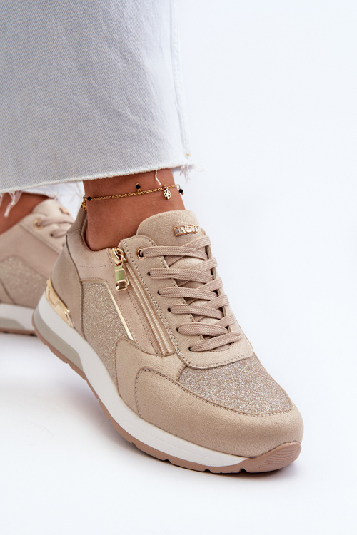 Sneakersy Damskie Z Brokatem I Suwakiem INBLU IN000365 Beżowe