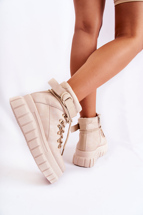 Modne Damskie Botki Na Platformie Z Paskiem Jasnobeżowe La Blanca