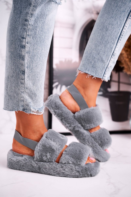 Papcie Damskie na Platformie Futrzane Szare Cotton Candy