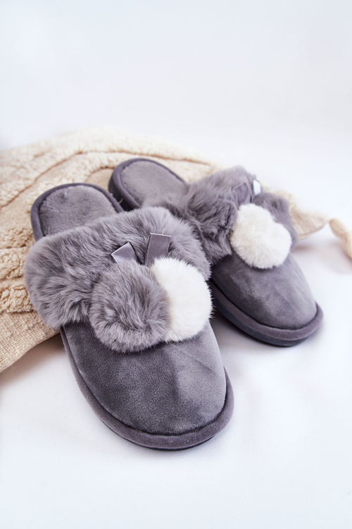 Damskie Papcie Z Pomponami I Futerkiem Szare Sahira