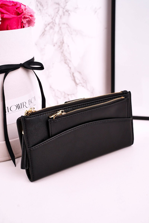 Duży Portfel Damski Z Dodatkową Portmonetką I Frędzlami Czarny
