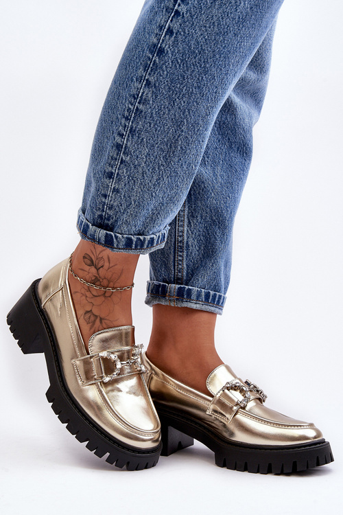 Damskie Skórzane Półbuty Na Masywnym Obcasie Złote Lemmitty