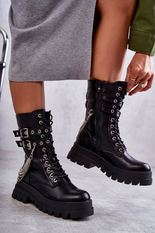 Wysokie Workery Botki Z Łańcuchem Czarne Montero