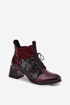 Zazoo 60503 Skórzane Botki Na Obcasie Ocieplane Bordowe
