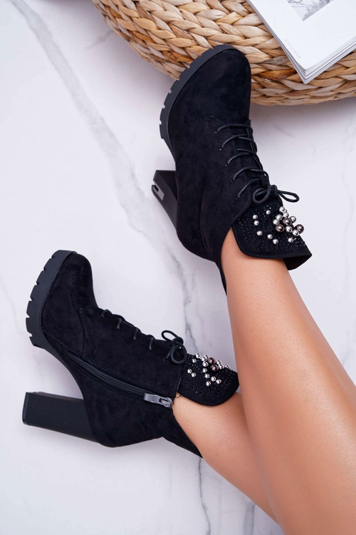 Botki Damskie na Słupku Platformie Zamszowe Czarne Fieste