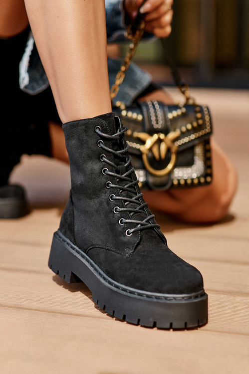 Zamszowe Botki Workery Damskie Czarne Dearia