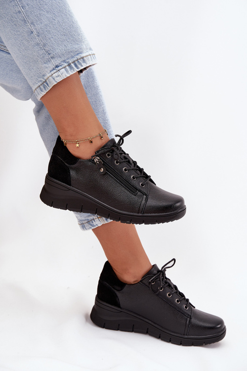 Skórzane Półbuty Damskie Na Koturnie Vinceza 39964 Czarne