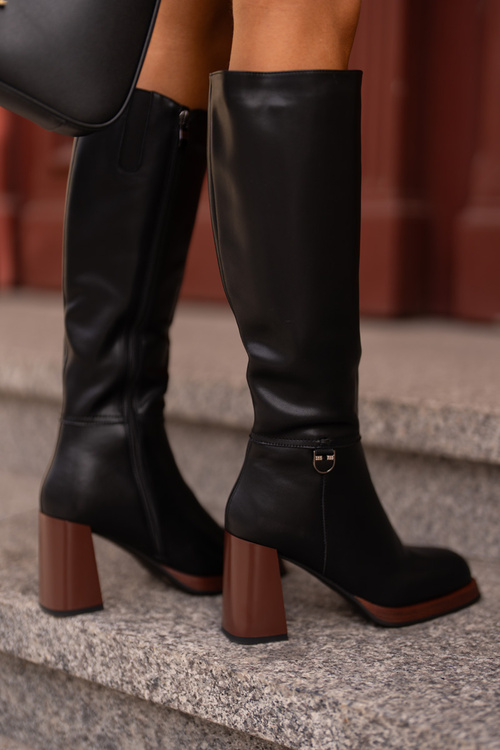 Skórzane Eleganckie Kozaki Na Słupku Ocieplane D&A JC42-39 Czarne