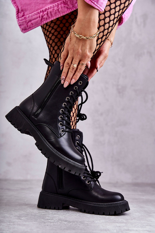 Skórzane Ocieplane Botki Workery wiązane Czarne Maria