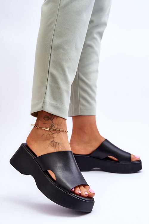 Damskie Klapki Skórzane Na Platformie Czarne Lemar Lucami