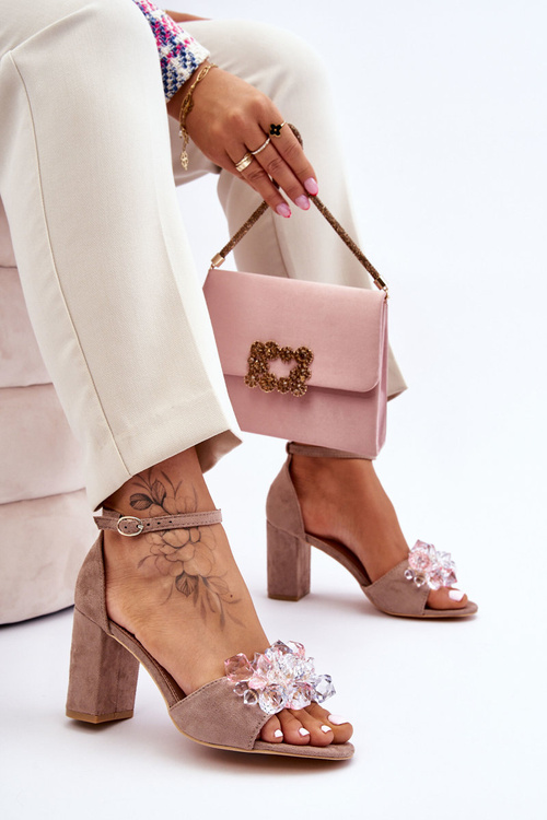 Eleganckie Sandały Z Kryształami Na Obcasie Ciemnobeżowe Cameron