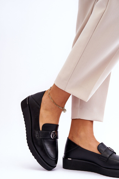 Damskie Skórzane Mokasyny Na Niskim Koturnie Czarne Synthia