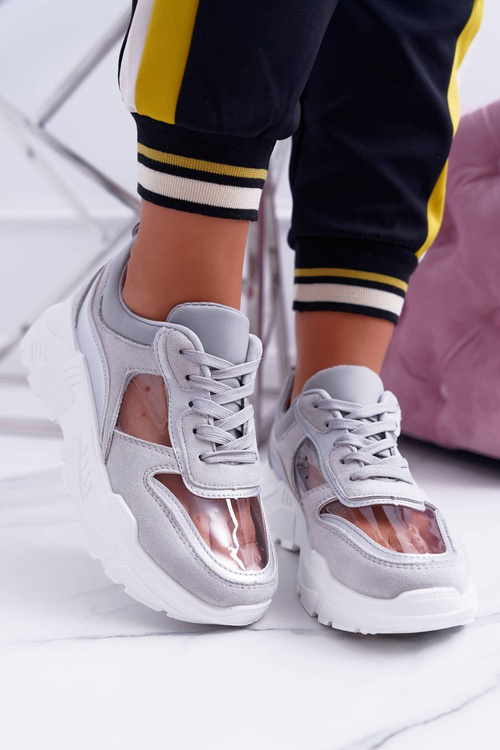 Sportowe Damskie Buty Gruba Podeszwa Transparentne Szare Running
