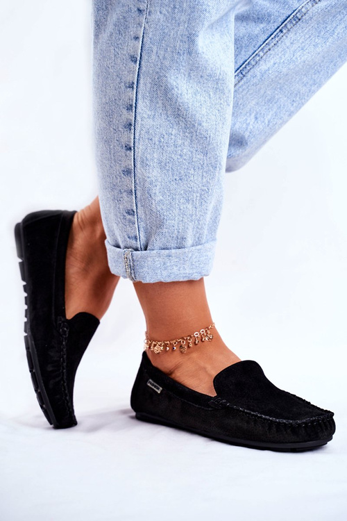 Mokasyny Damskie Skóra Zamsz Czarne Papito