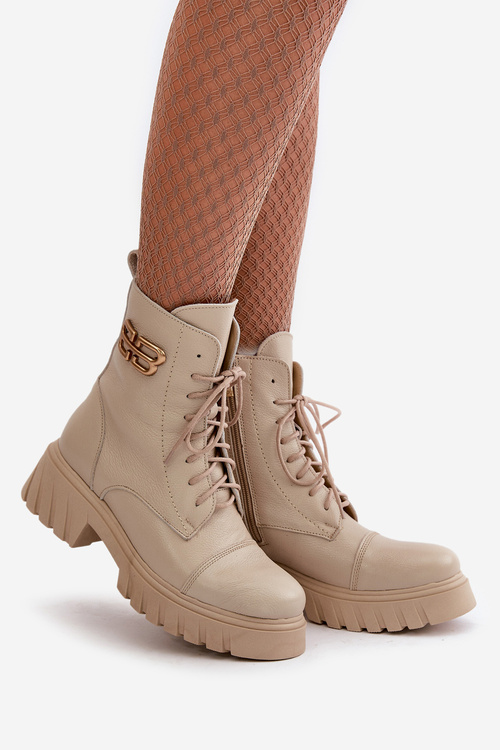 Zazoo 60486 Skórzane Botki Workery Ocieplane Ze Złotym Detalem Jasnobeżowe
