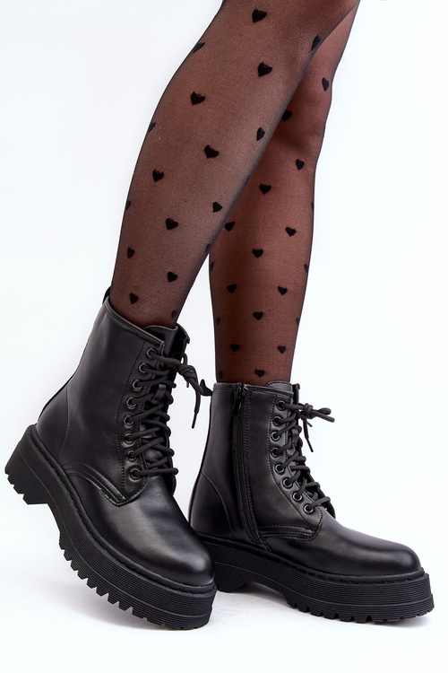 Damskie Sznurowane Botki Workery Na Grubej Podeszwie Czarne Biancis