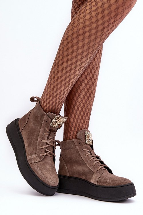 Sznurowane Botki Damskie Z Ozdobą Skórzane Ciemnobeżowe Nicole 2833