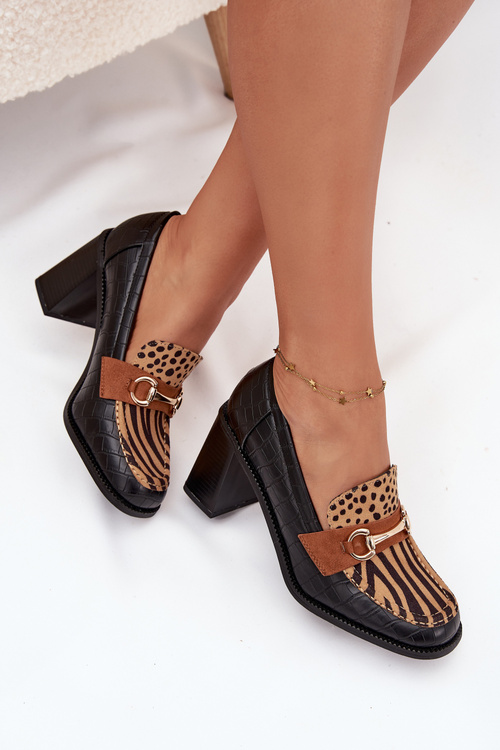 Półbuty Damskie Na Słupku Z Tłoczeniem I Złotym Detalem Czarno-Beżowe Novella