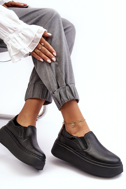 Skórzane Buty Sportowe Damskie na Platformie Czarne Lemar Manish