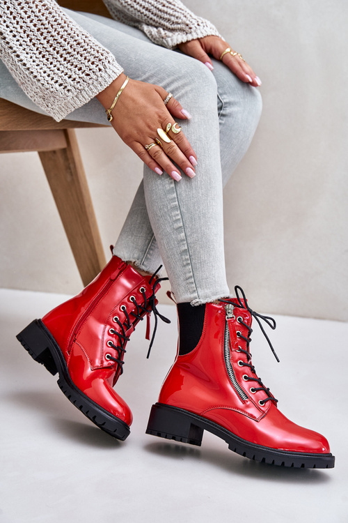 Lakierowane Botki Workery Na Zamek Ocieplane Czerwone Ravanthia