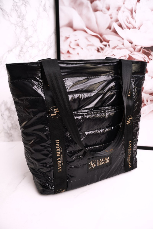 Duża Torba Shopper LAURA BIAGGI Czarna Złote Logo