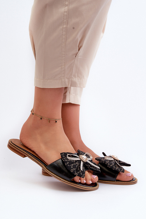 Płaskie Skórzane Klapki Damskie Z Kokardą Laura Messi 2791 Czarne