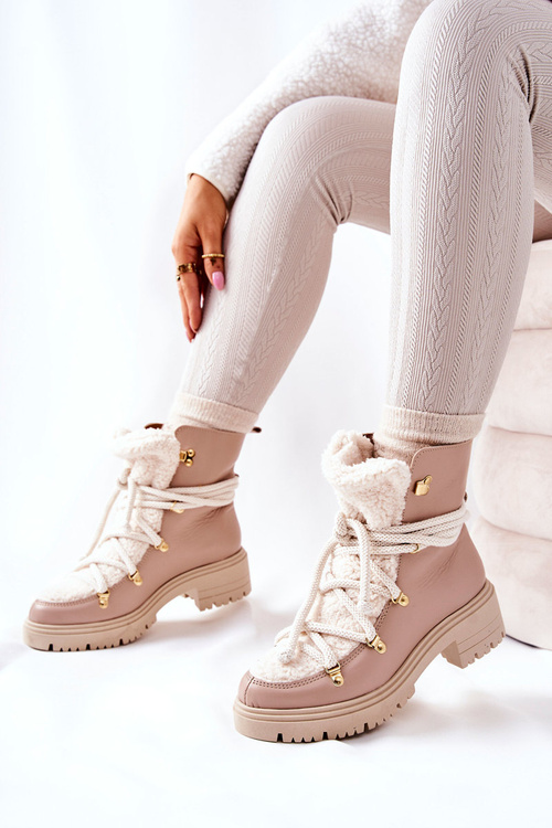 Skórzane Botki Trapery Wiązane Lewski Beżowe 3116