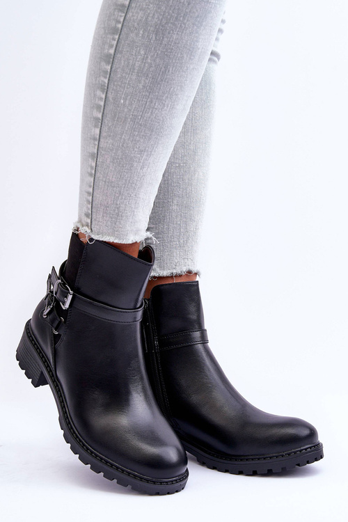 Skórzane Botki Damskie Z Paskami Czarne Minks