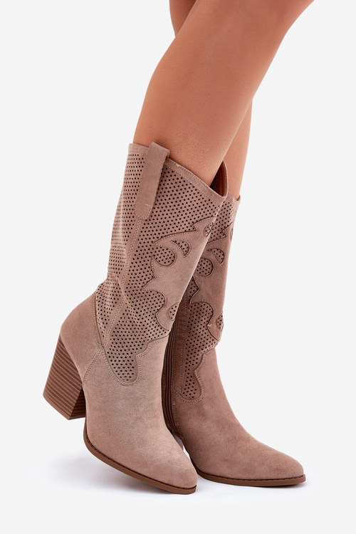 Ażurowe Kozaki Kowbojki Na Słupku S.Barski HY51-606 Beżowe