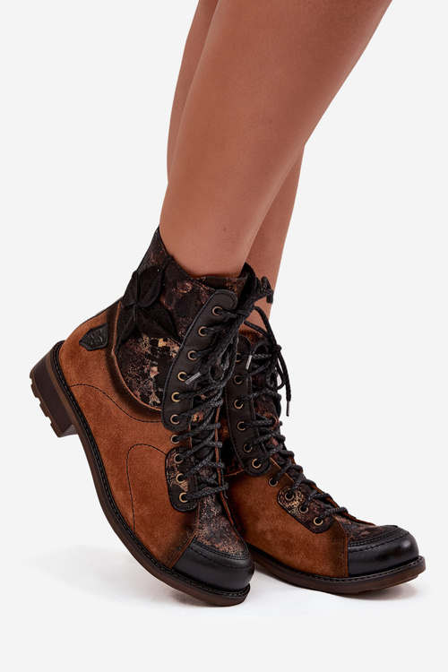 Skórzane Botki Damskie Z Naturalnej Skóry Na Płaskim Obcasie Maciejka 07004-29 Camel