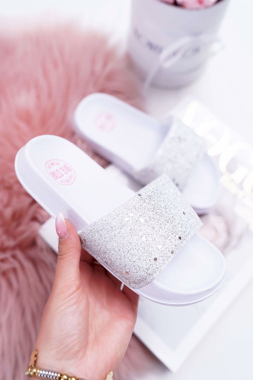 Klapki Dziecięce Młodzieżowe Big Star Białe Brokatowe AA374086