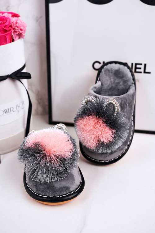 Dziecięce Klapki Papcie Z Pomponem Szare Cinderella