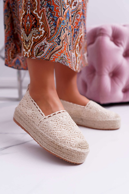 Espadryle Damskie Koronkowe Beżowe Platforma Desante