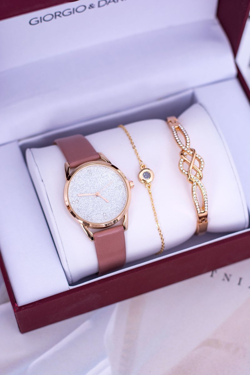 Giorgio Dario Zestaw Damski Zegarek Pudrowy Róż Z Brokatem Dwie Bransoletki