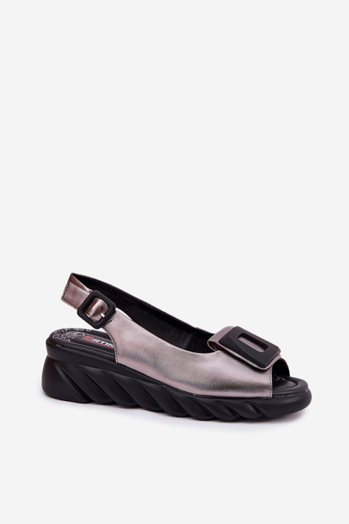 Skórzane Sandały Damskie Na Koturnie z Ozdobą Artiker 56C2158 Grafitowe